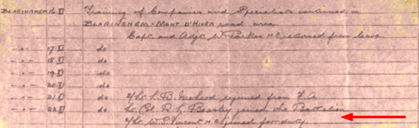 8th Gloucester Reg. 2nd Lt. W.S. Vincent M.C. joined for Duty